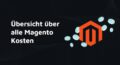 Rotes Magento-Logo in Hexagon-Form schwebt zentriert auf schwarzem Hintergrund mit dezenten Linienmustern; mehrere türkisfarbene, halbtransparente Münzen oder Scheiben fliegen diagonal über das Bild.
