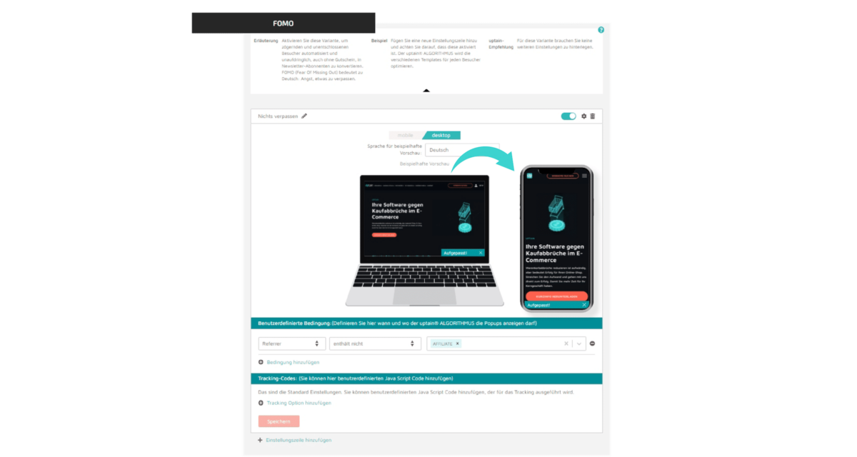 Screenshot von den Newsletter Popups Einstellungen im Plugin von uptain