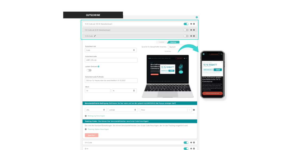 Screenshot von den Exit-Intent Popup Einstellungen im Plugin von uptain
