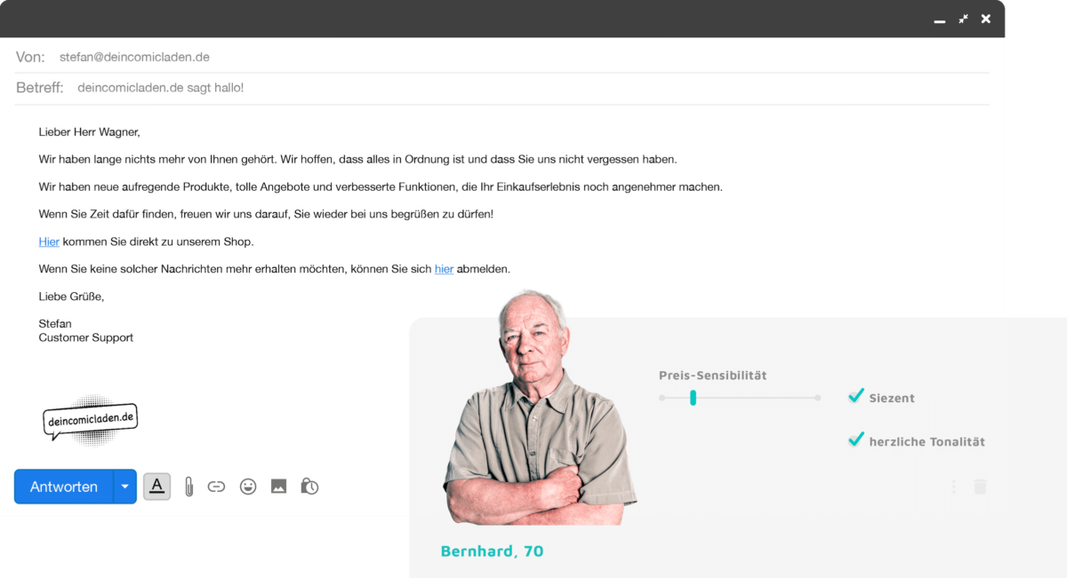 Beispiel-Comeback-Mail mit Erinnerung zu neuen Produkten. Daneben ein Zielgruppenavatar mit Preis-Sensibilität