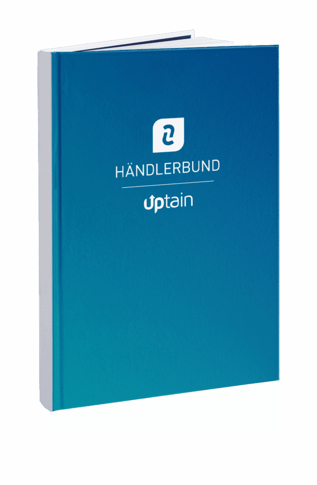 Blaues Buchcover mit Händlerbund und uptain-Logo