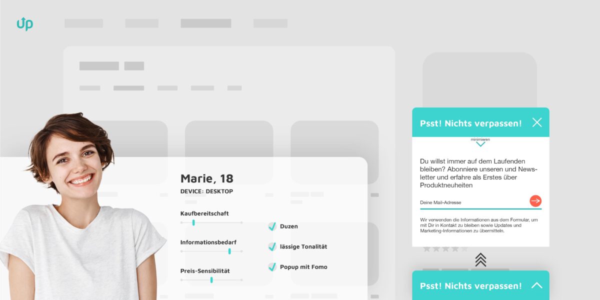 Junge Frau lächelnd vor Benutzerprofil 'Marie, 18', mit Infos zur Kaufbereitschaft, Tonalität und Popup-Anzeige mit Hinweis 'Psst! Nichts verpassen!' zur Newsletter-Anmeldung