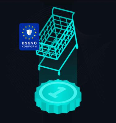 Illustration eines Einkaufswagens mit DSGVO-Siegel und digitaler Münze darunter 
